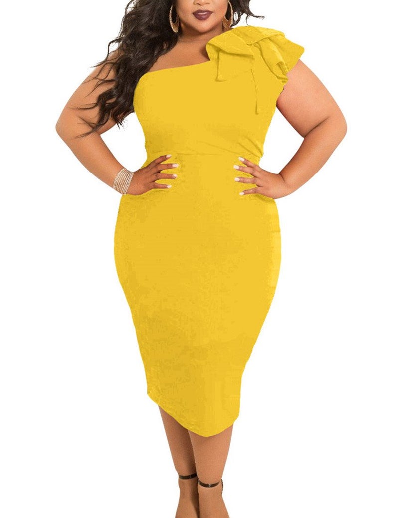 Mokoru Women's Sexy Ruffle One Shoulder Bodycon Elegant Cocktail Party Midi Dresses, Small, Dark Yellow - Image 4